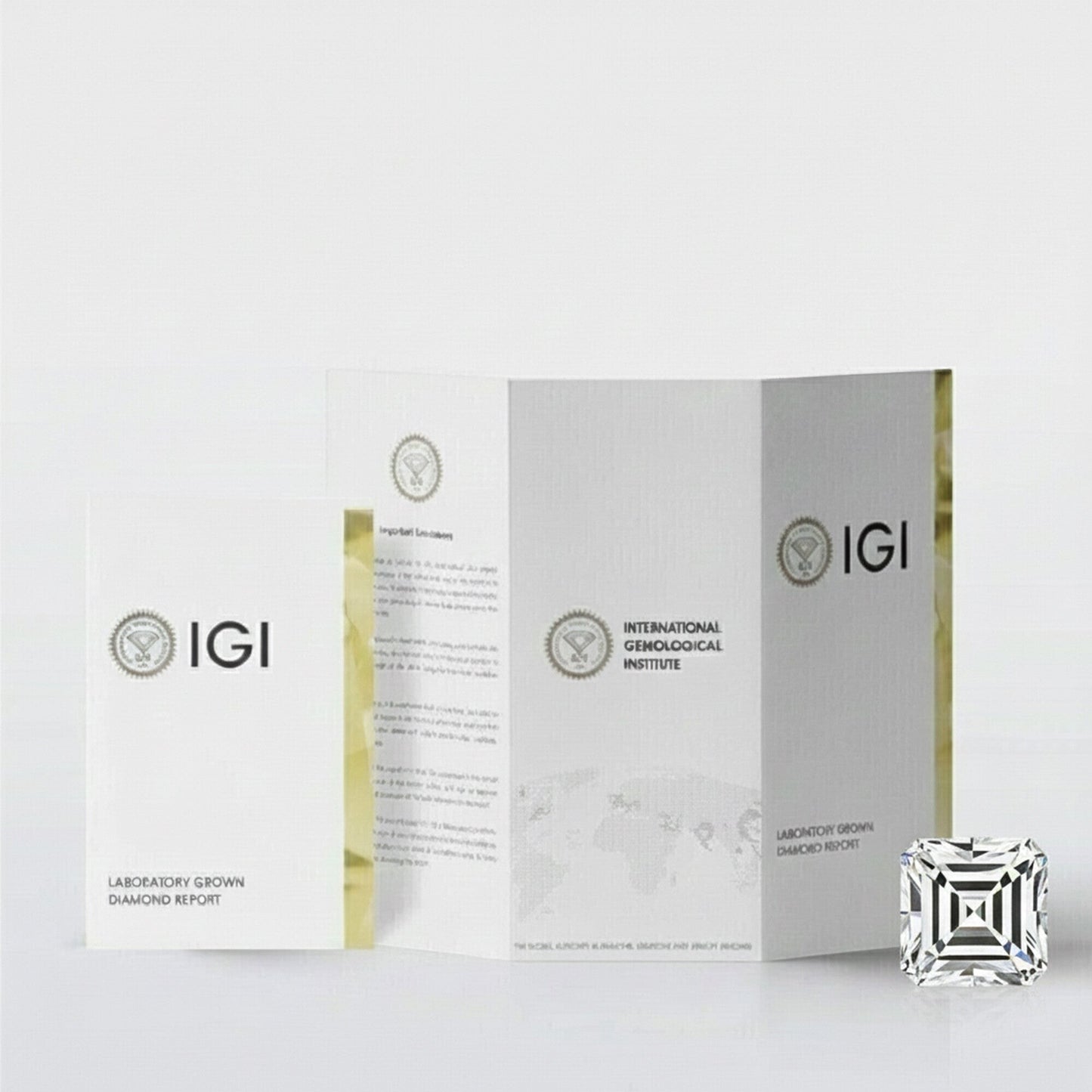 GEMHUB & CO. Asscher cut lab-grown diamond with IGI certification documents. 2 ct diamond, F/VS clarity, platinum.