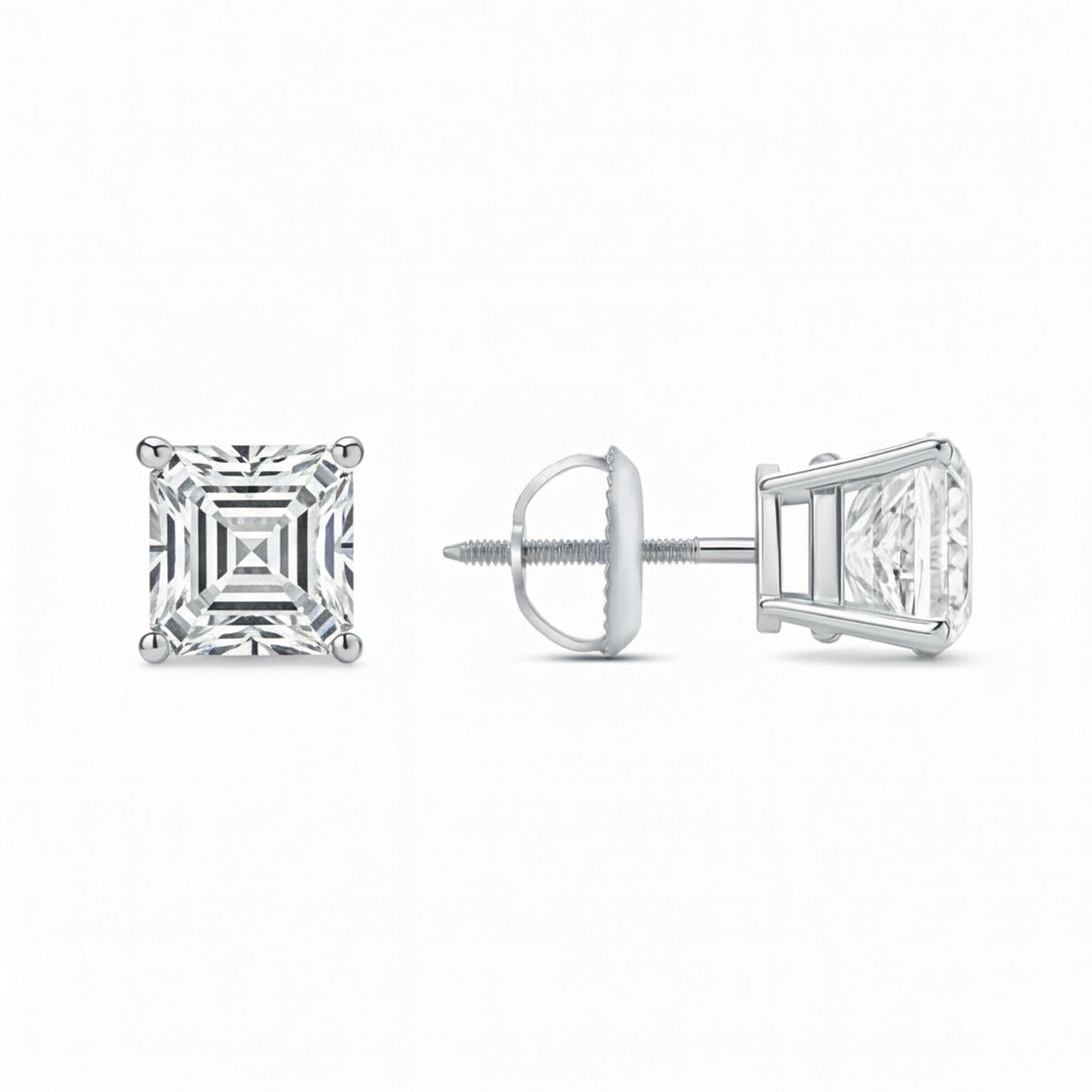 GEMHUB & CO. Asscher cut lab-created diamond stud earrings in 950 platinum with screw backs, 1 ct total weight.