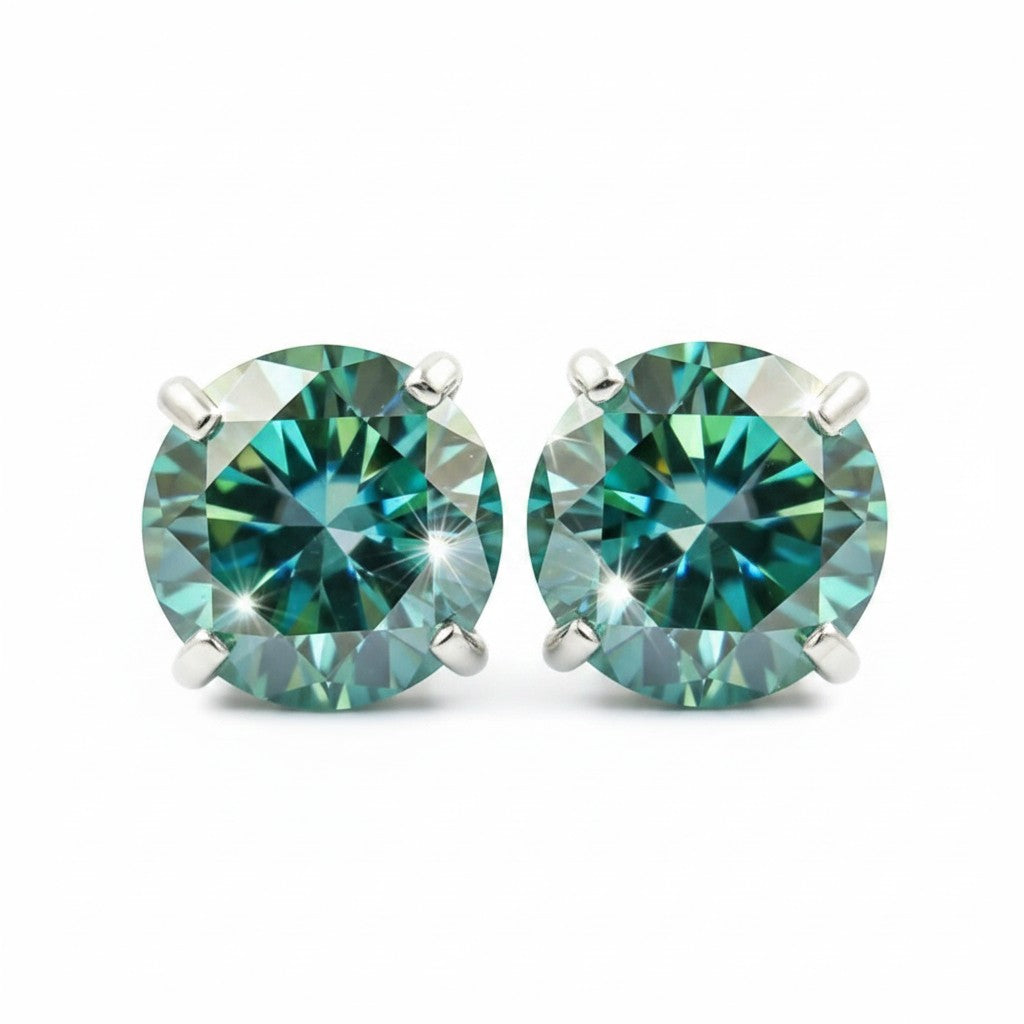 GEMHUB & CO. 7 Ct round cut blue moissanite stud earrings in 18K gold vermeil over 925 sterling silver.