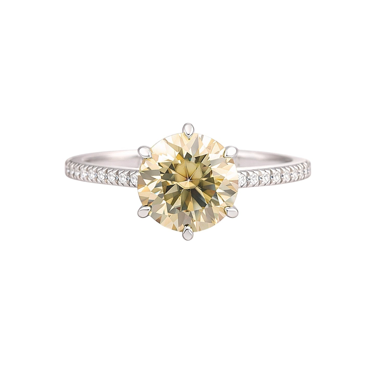 GEMHUB & CO. 3.45 Ct round cut champagne lab grown diamond ring with VS1 clarity set in 18k gold vermeil with pavé band.