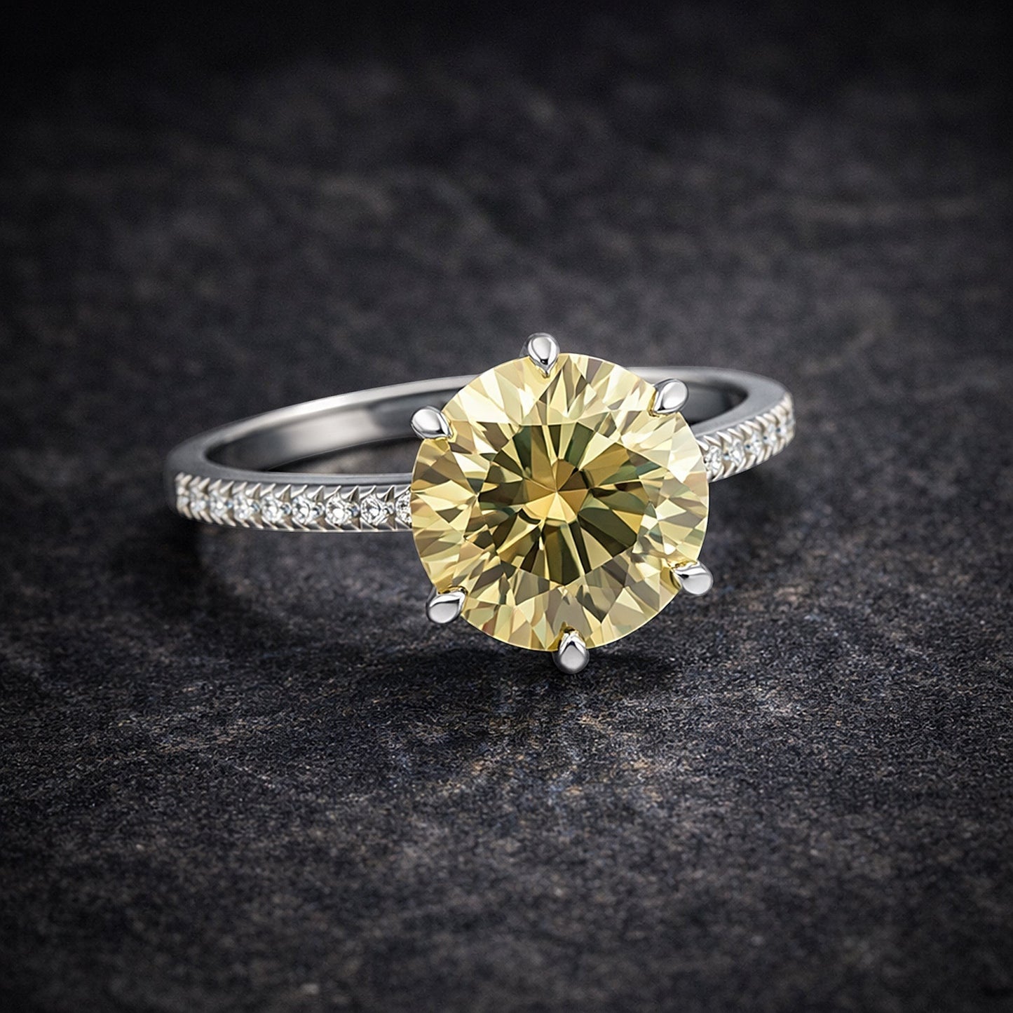 GEMHUB & CO. 3.45 Ct round cut champagne lab grown diamond ring with VS1 clarity, set in 18k gold vermeil with pavé diamond band.