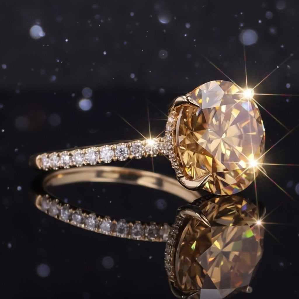 GEMHUB & CO. 10.50 Ct round cut champagne moissanite ring with pavĂŠ band in gold vermeil.