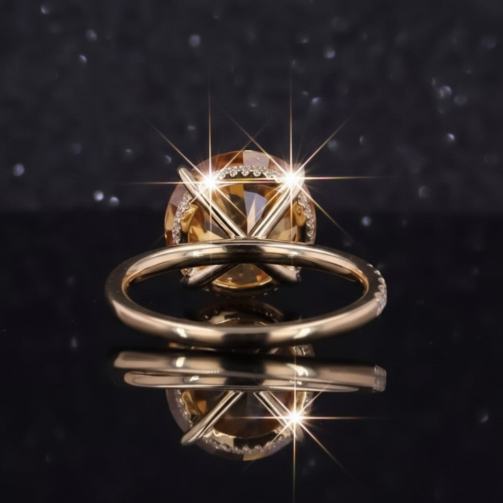 GEMHUB & CO. 10.50 Ct round cut champagne moissanite ring in gold vermeil with pavĂŠ band.
