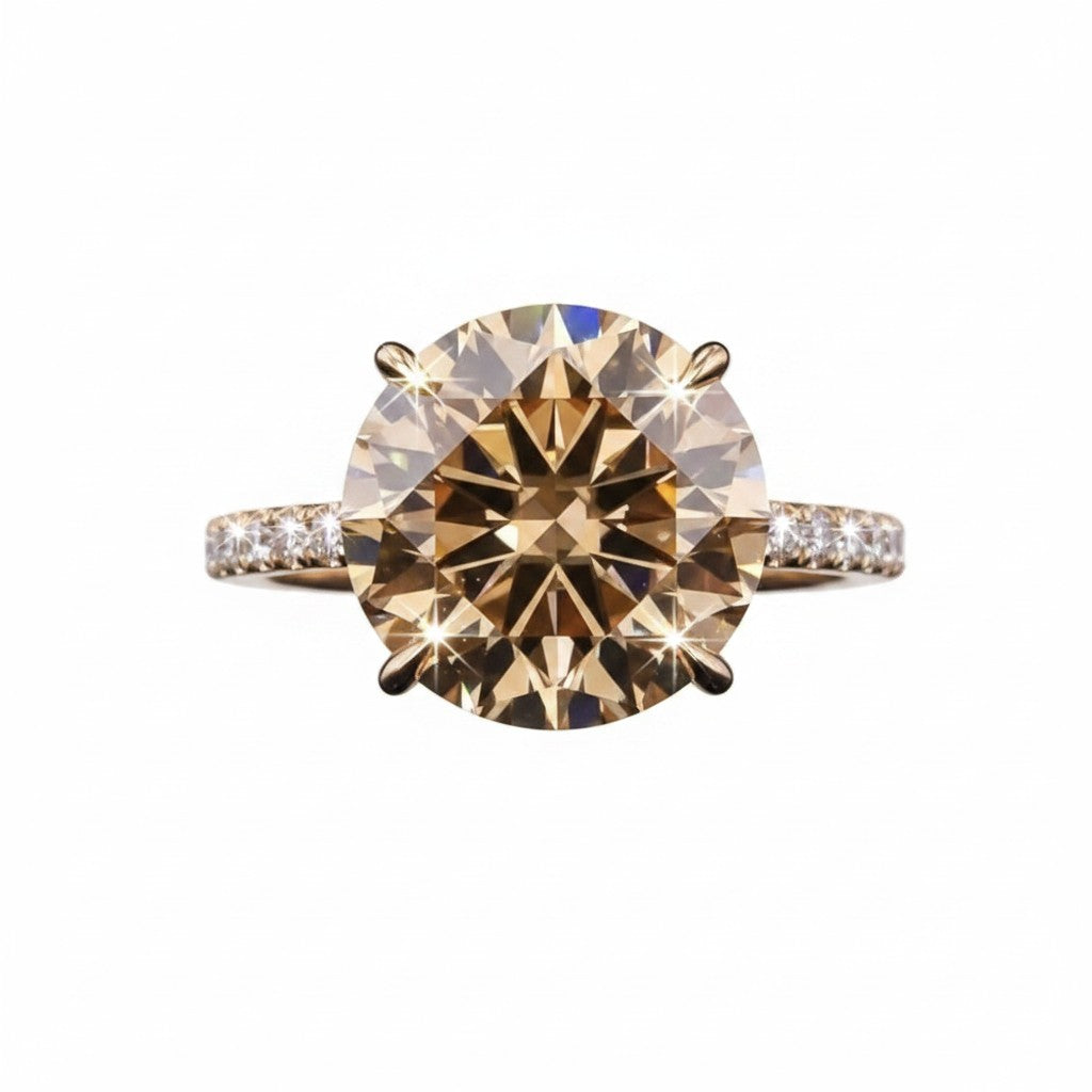 GEMHUB & CO. 10.50 Ct round cut champagne moissanite ring with pavĂŠ band in gold vermeil.