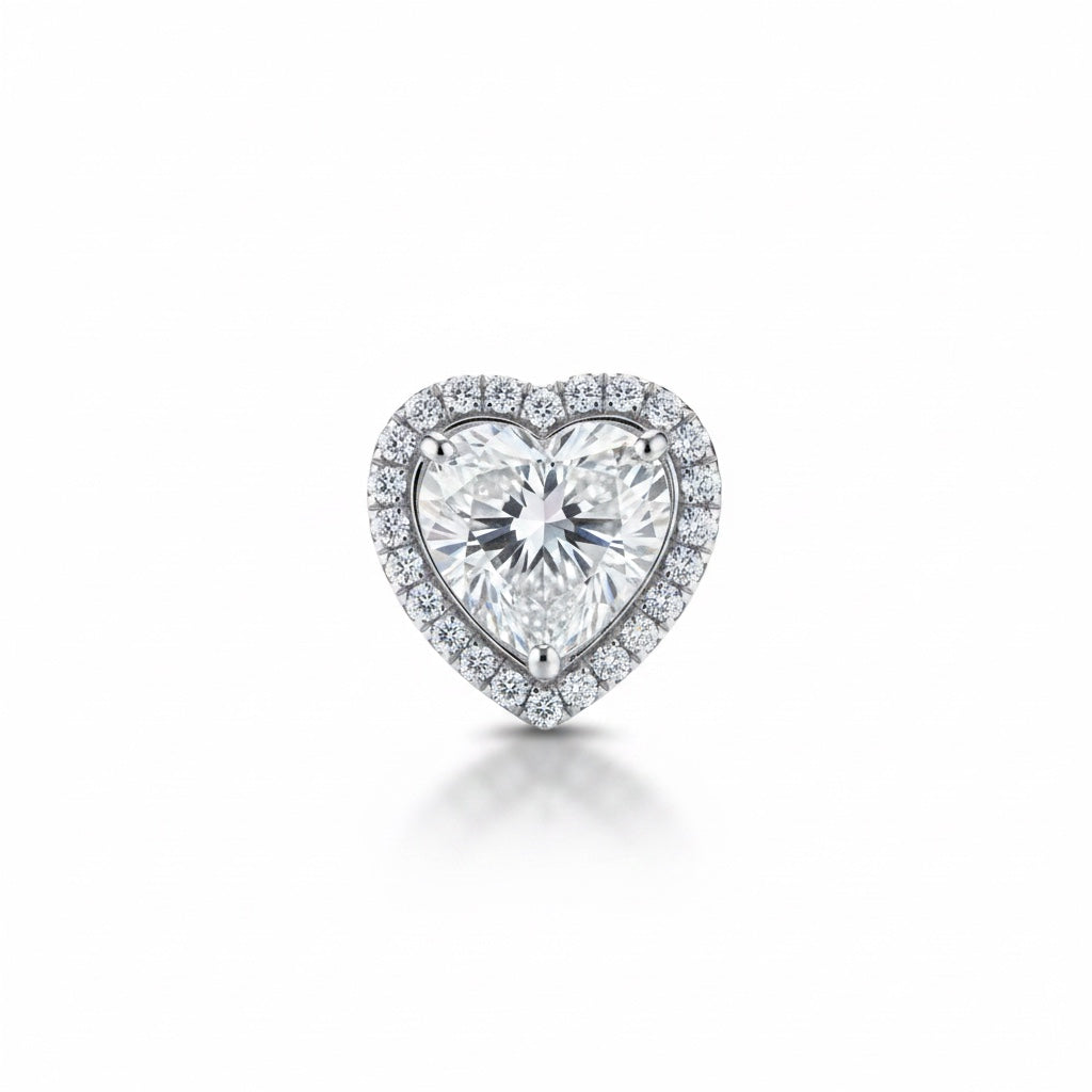 Side profile of heart shaped diamond halo pendant with gold vermeil bail