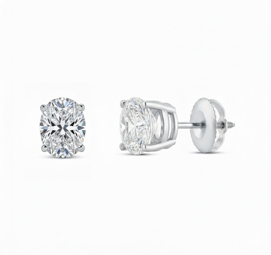 GEMHUB & CO. Oval lab-created diamond stud earrings in 950 platinum with screw backs, 2 ct total weight.