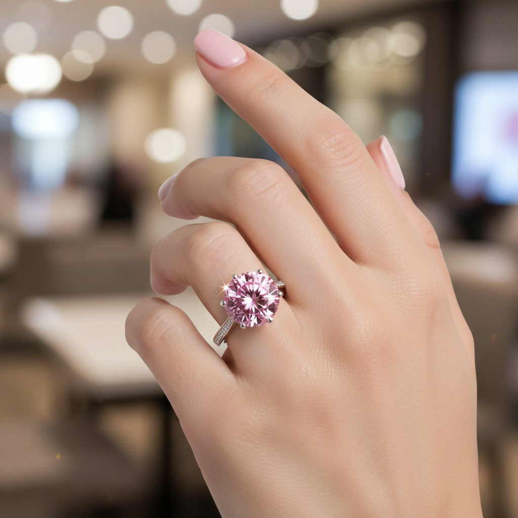 GEMHUB & CO. 2.55ct round pink moissanite solitaire ring with pavé band in 18K gold plated sterling silver.