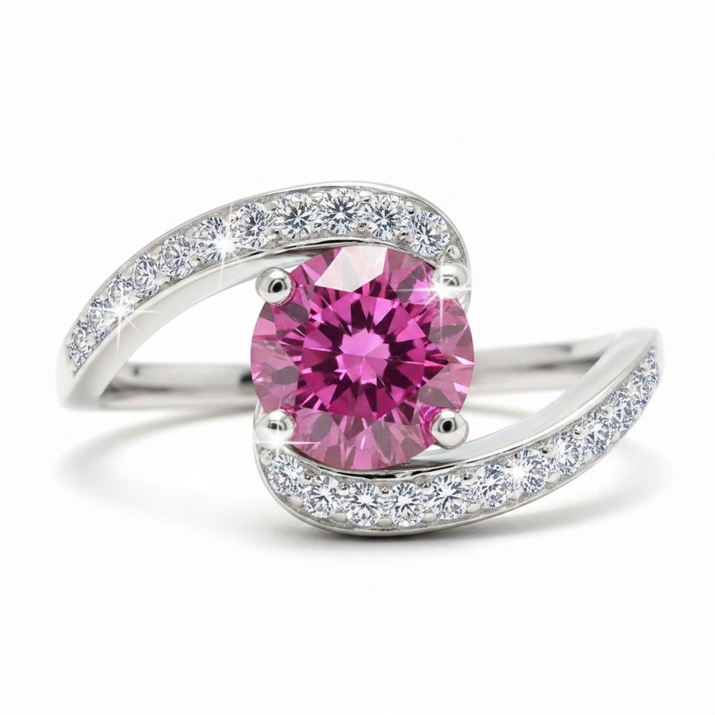 GEMHUB & CO. 1.3ct pink moissanite ring in 18K gold plated vermeil over sterling silver. Solitaire design.