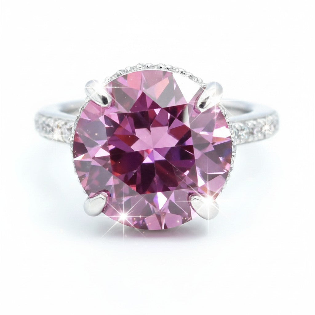 GEMHUB & CO. 4ct round pink moissanite solitaire ring with pave band, 18K gold plated vermeil over sterling silver.