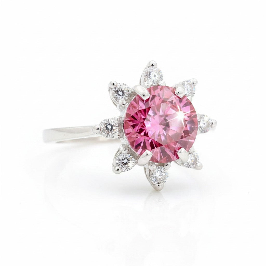 GEMHUB & CO. 2.5ct pink moissanite solitaire ring with surrounding white accent stones, set in 18K gold plated vermeil.