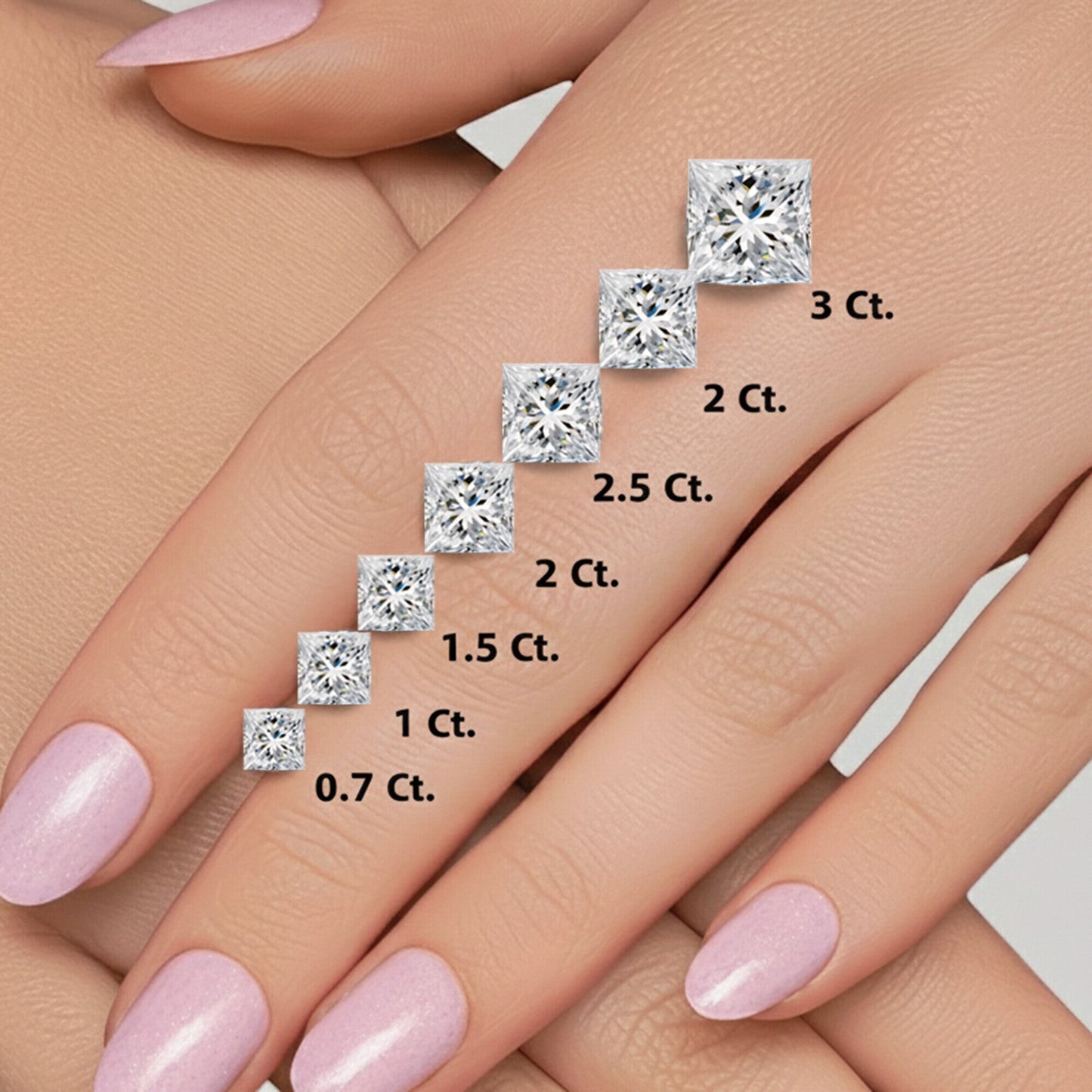 GEMHUB & CO. 1 Ct princess cut lab-created diamond earrings in 950 platinum with screw backs shown on a hand.