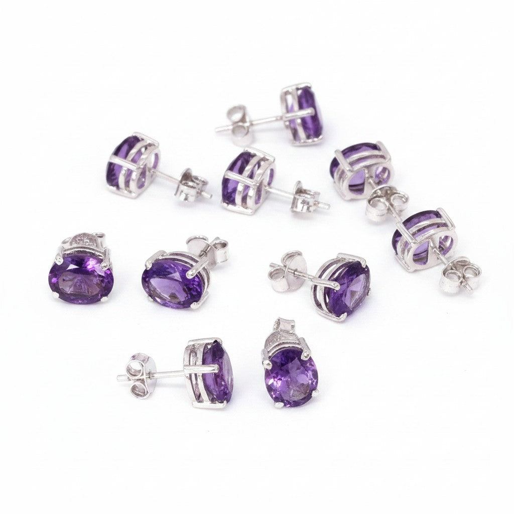 GEMHUB & CO. 5 pairs of oval-cut purple amethyst stud earrings in 925 sterling silver.