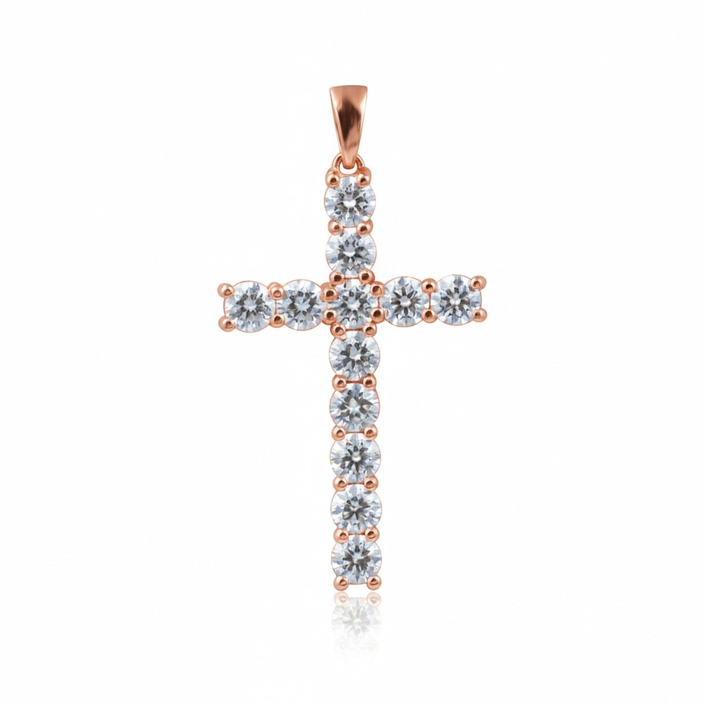 GEMHUB & CO. 3 Ct round cut lab grown diamond cross pendant in 18k rose gold vermeil with VS1 clarity.