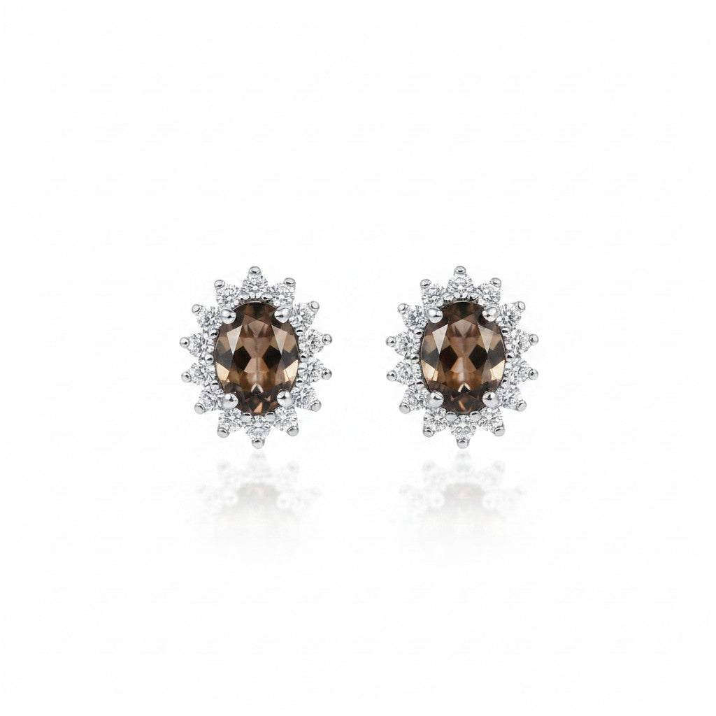 GEMHUB & CO. 10 Ct oval cut smoky topaz earrings with halo of white stones in 925 sterling silver.