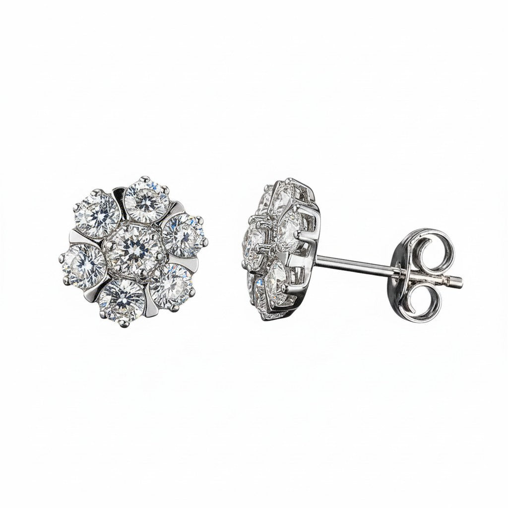GEMHUB & CO. 10 Ct round cut white topaz cluster stud earrings in 925 sterling silver.