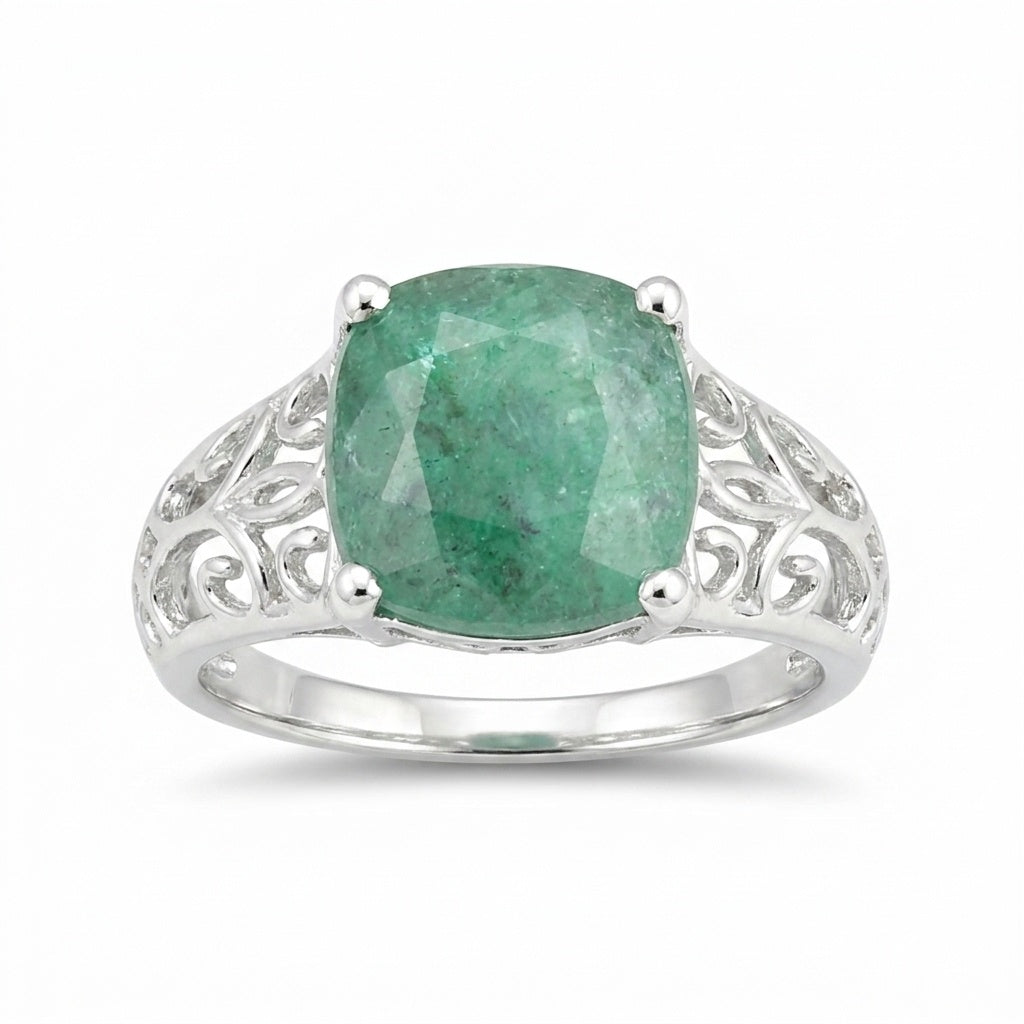 Green Emerald Solitaire Ring 4.70 Ct. Cushion Cut 925 Sterling Silver Stackable