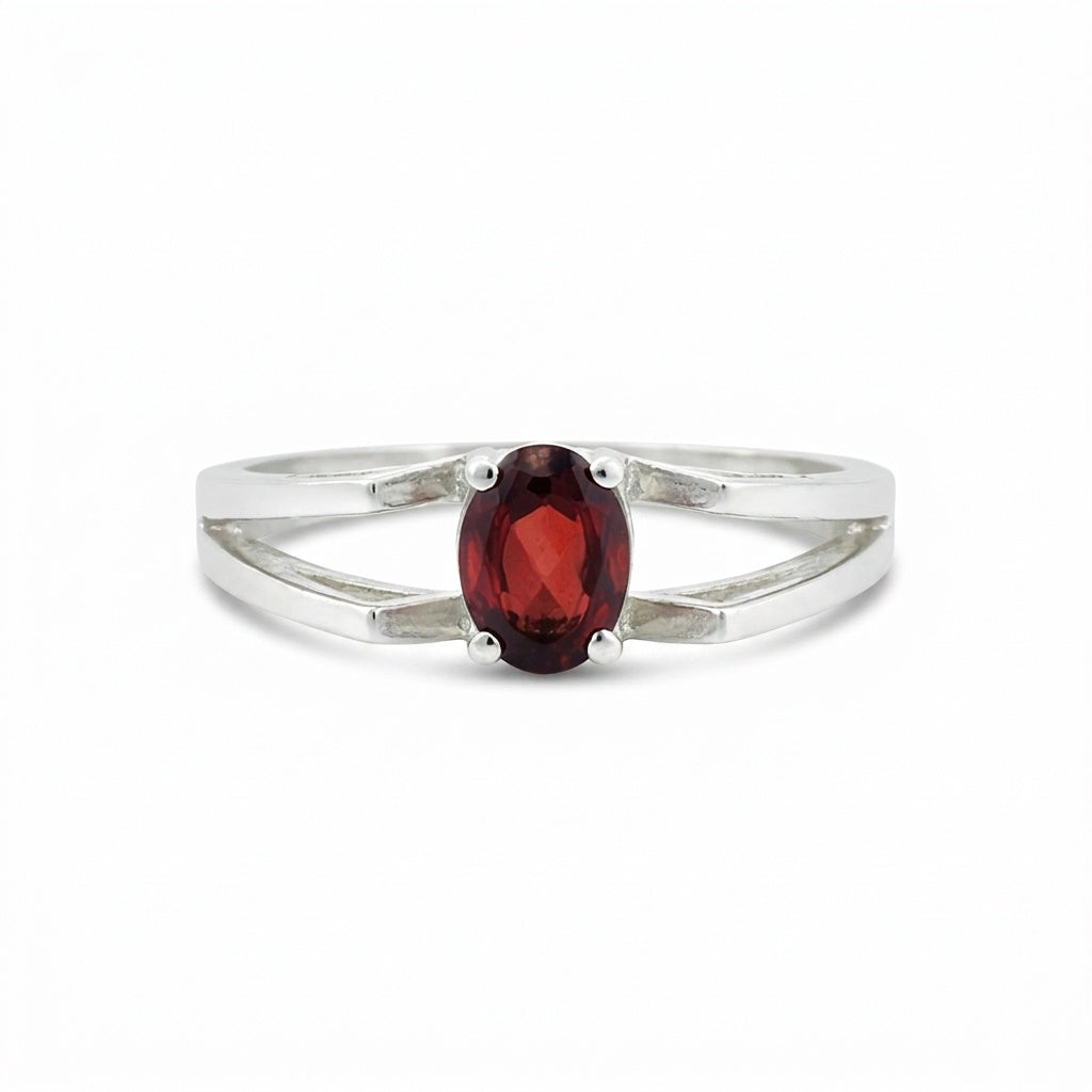 Red Garnet Solitaire Ring 3.73 Ct. Oval Cut 925 Sterling Silver Stackable Band
