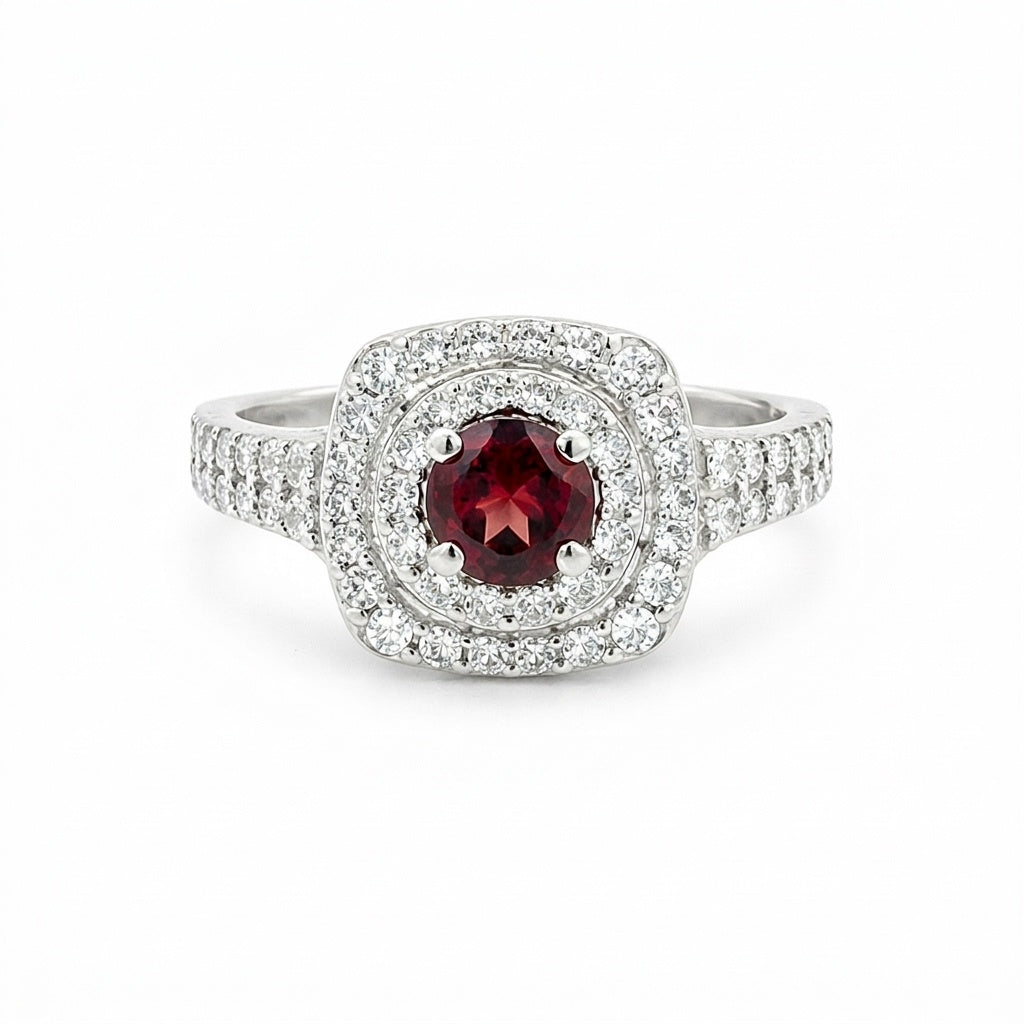 Anniversary Red Garnet Ring Round Cut in 925 Sterling Silver for Women