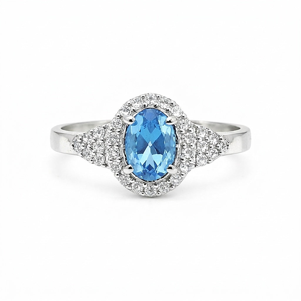 Oval Blue Aquamarine Gift for Her Ring in 925 Sterling Silver Vintage Style