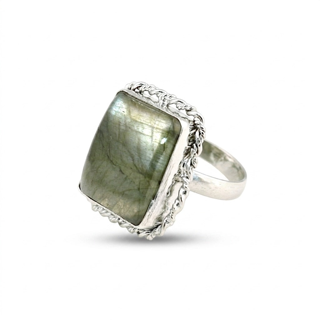 Multi-Color Labradorite Cushion Ring 9.00 Ct. 925 Sterling Silver Stackable Eter