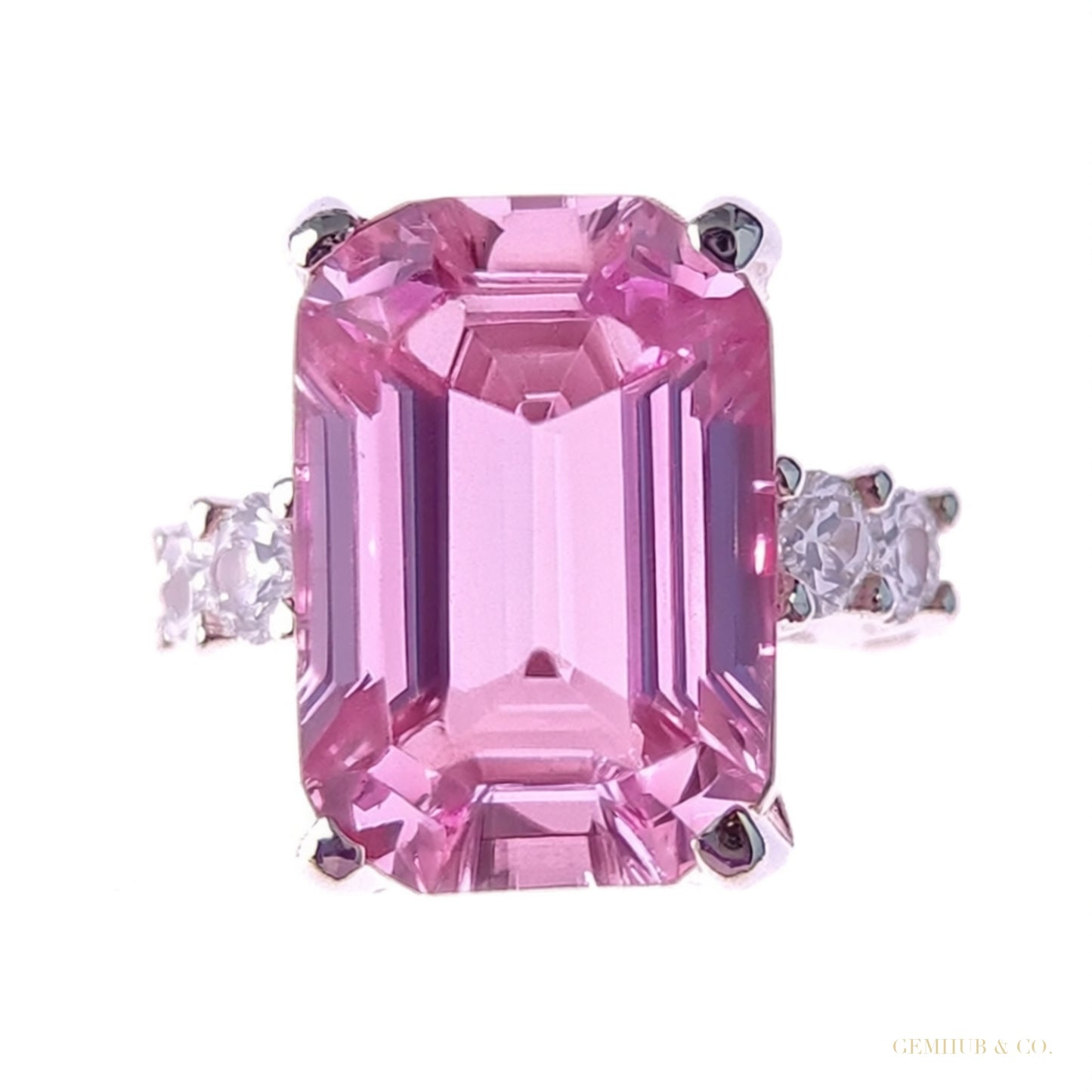RARE 5.60 ct DEW Emerald Cut Pink Treated Moissanite Solitaire Ring in 18K Gold Plated 18K Gold Plated – white background main image