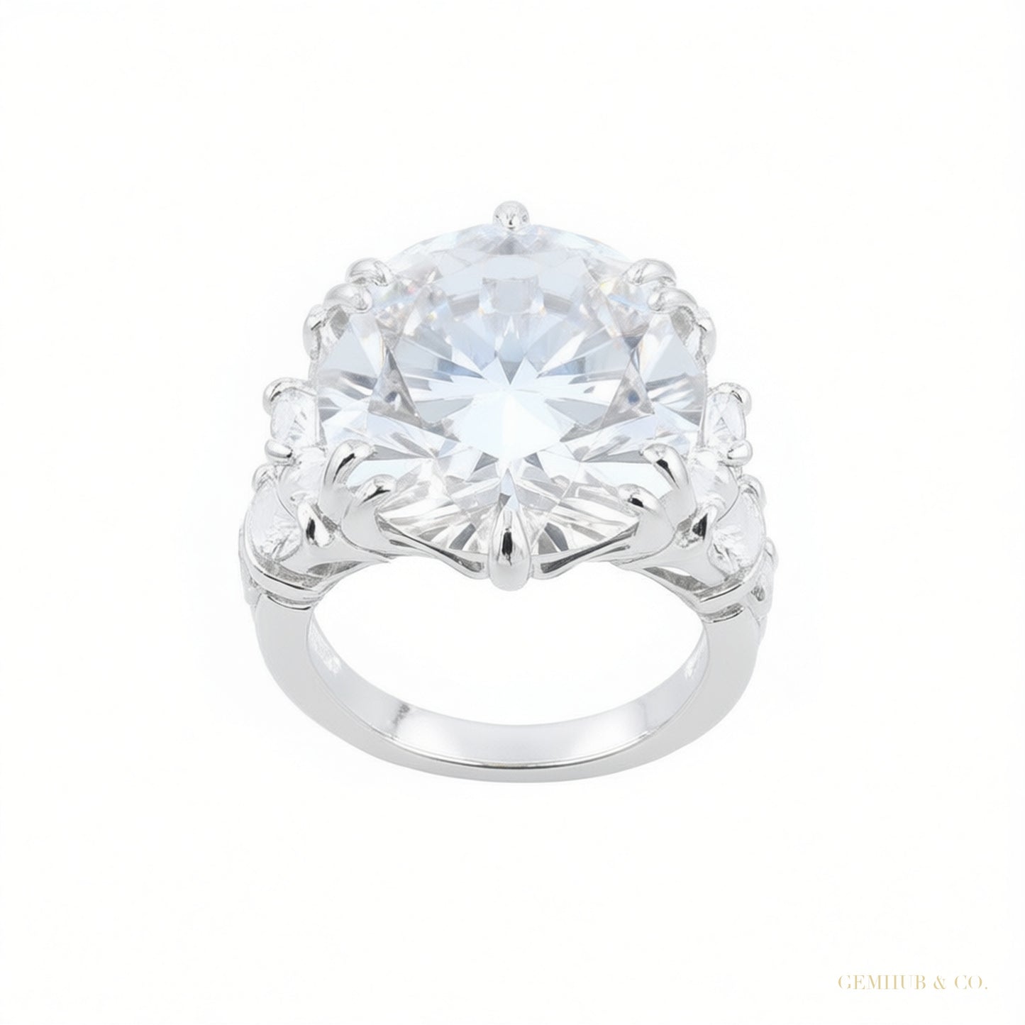 RARE 9.25 ct DEW Round Cut White Treated Moissanite Solitaire Ring in 18K Gold Plated V 18K Gold Plated – white background main image