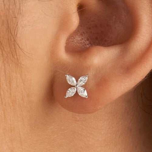 Marquise Cut Natural GH/SI Diamond Flower Stud 4-Stone Earrings 14k White Gold - Image 6 - GEMHUB & CO.