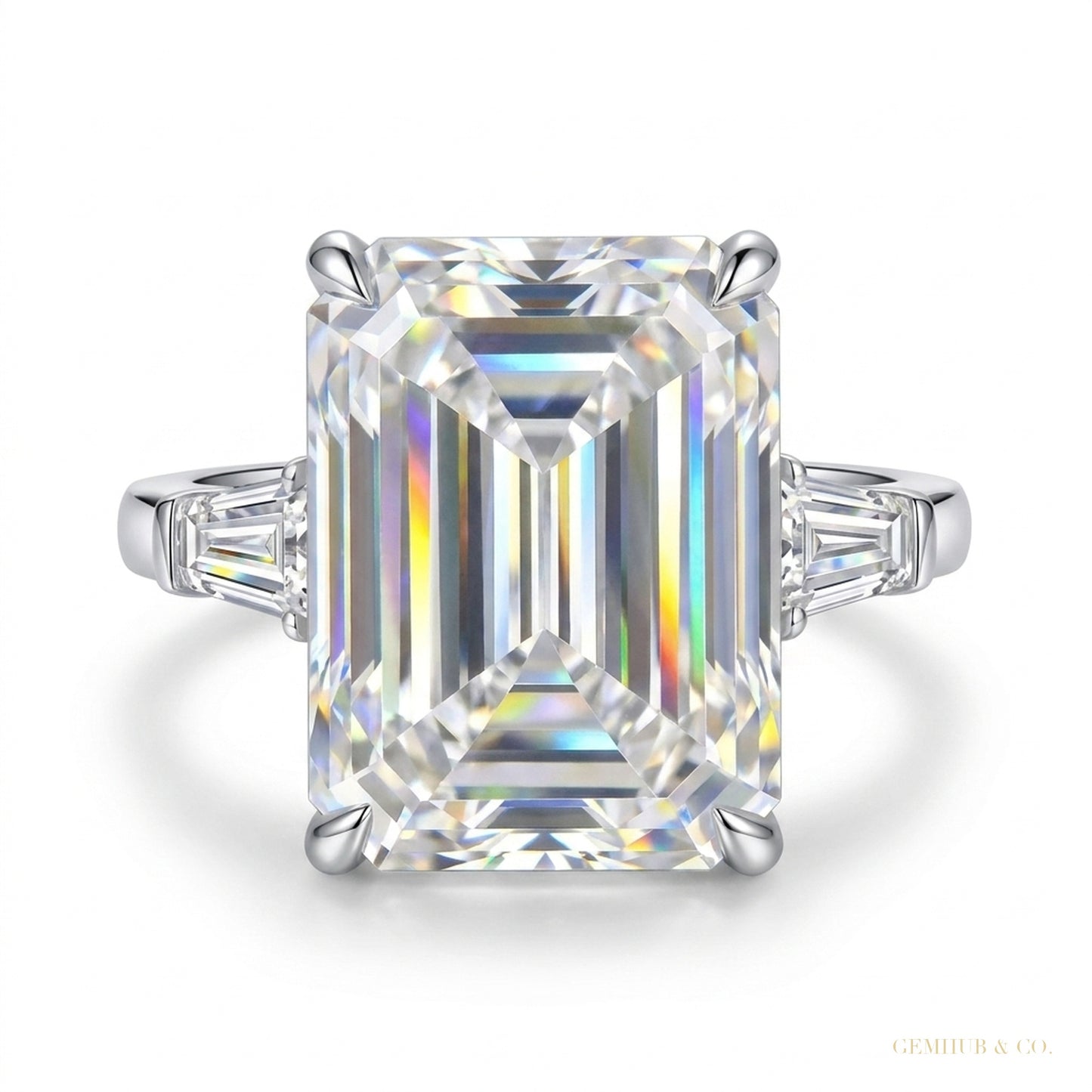 14.50 ct DEW EGL Certified White Emerald Cut Moissanite Ring 18K Gold Plated – white background main image