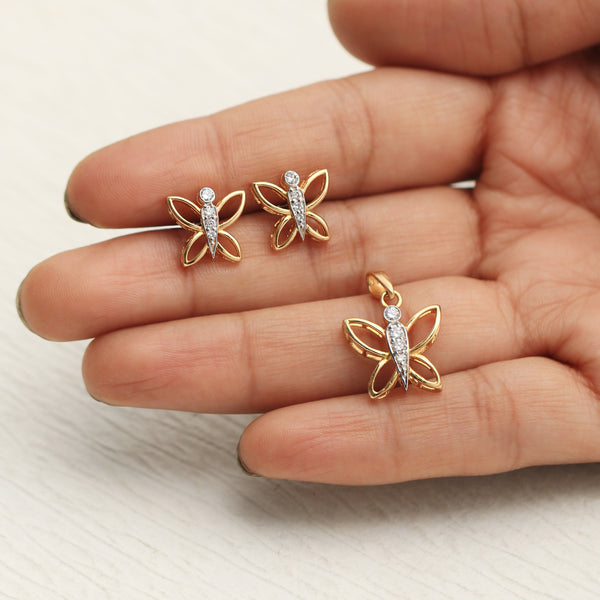 18KT Yellow Gold 0.26 Ct Butterfly Design  Natural Diamond Pendant And Earrings