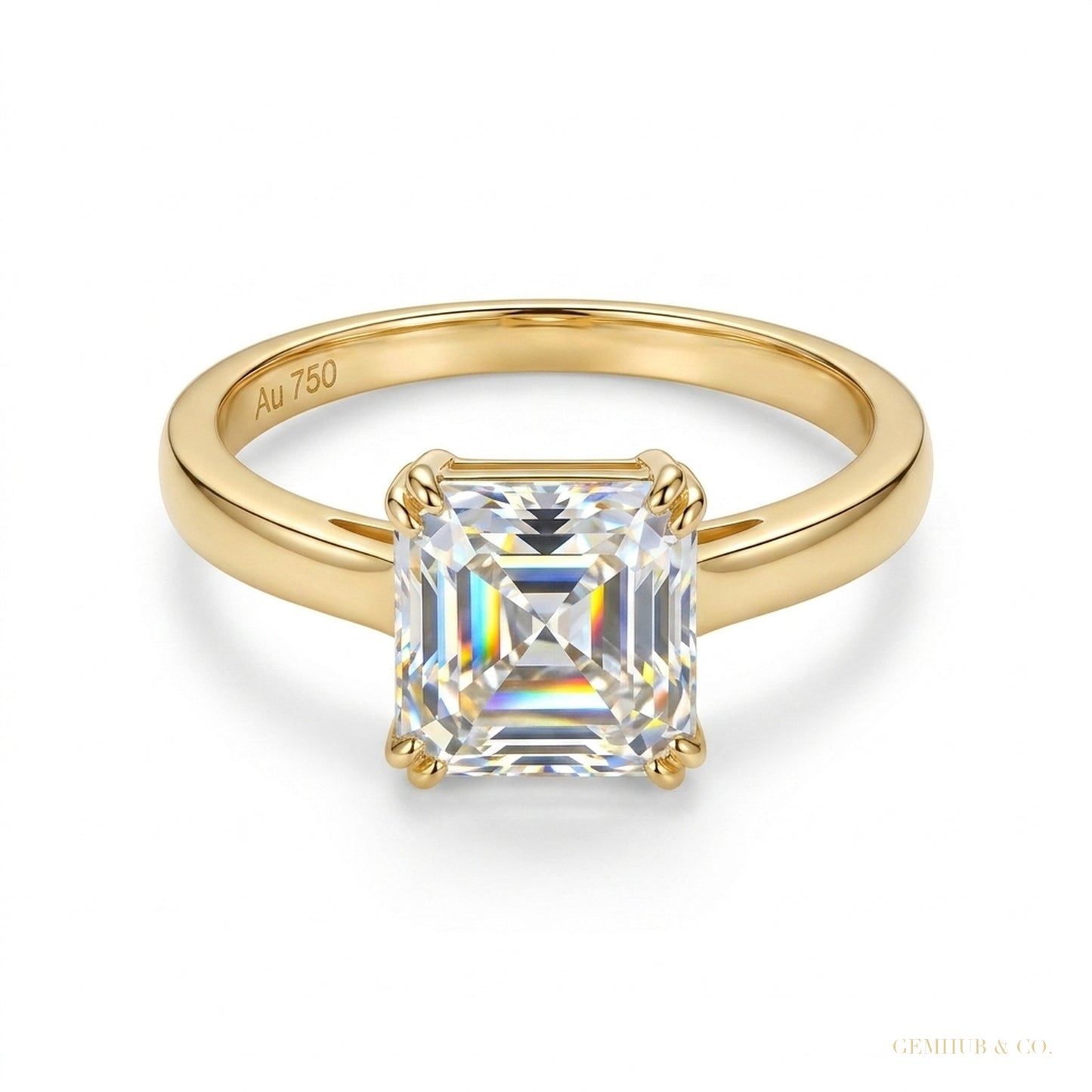 2.40 ct DEW Certified Asscher Cut Off White Moissanite Ring 18K Gold Plated – white background main image