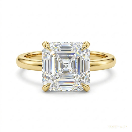 2.80 ct DEW Asscher Cut White Treated Moissanite Solitaire Ring in Cert 18K Gold Plated – white background main image