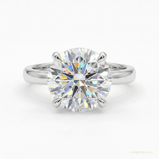 2.90 ct DEW Certified Round Cut Off White Moissanite Ring In 18K Gold Plated – white background main image