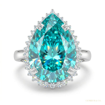 27.20 ct DEW Pear Cut Blue Moissanite Ring in – Festival Showstopper 18K Gold Plated Ve 18K Gold Plated