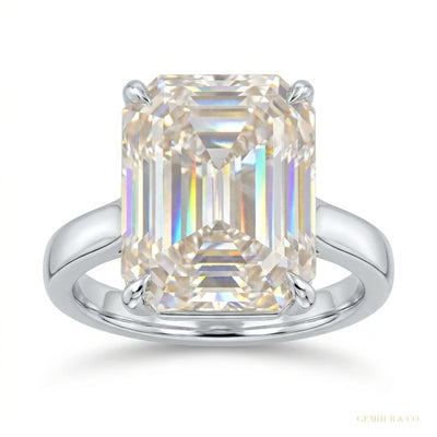 27.50 ct DEW Certified Emerald Cut White Moissanite Solitaire Ring in Gold Vermeil