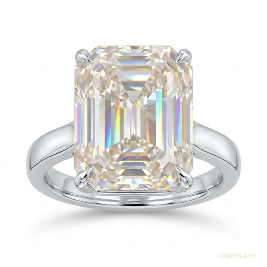 27.50 ct DEW Certified Emerald Cut White Moissanite Solitaire Ring in Gold Vermeil – white background main image