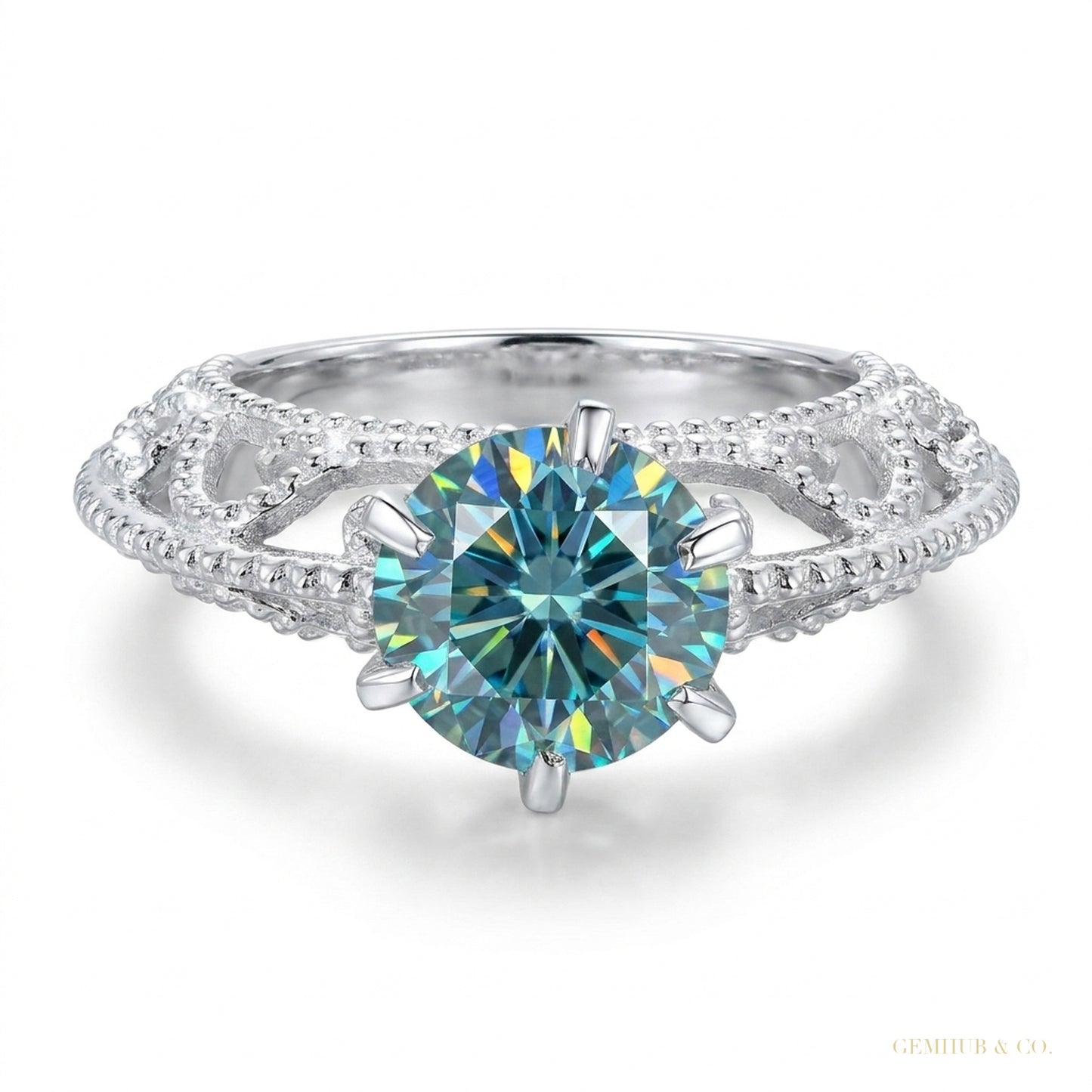 2.90 ct DEW Certified Round Cut Blue Moissanite Solitaire Ring, Gold Vermeil Jewelry – white background main image