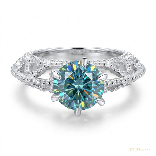 2.90 ct DEW Certified Round Cut Blue Moissanite Solitaire Ring, Gold Vermeil Jewelry – white background main image