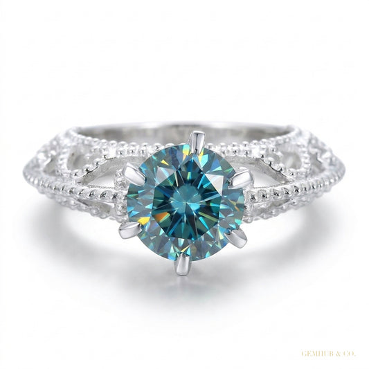 2.90 ct DEW Certified Round Cut Blue Moissanite Solitaire Ring Gold Vermeil – white background main image