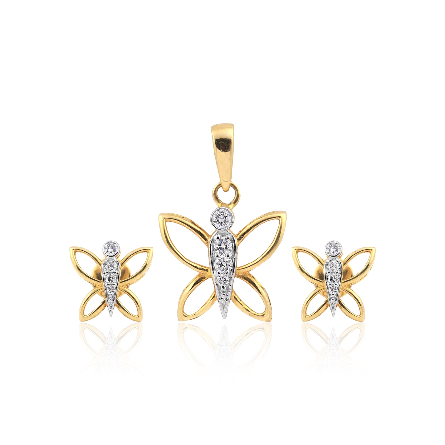 18KT Yellow Gold 0.26 Ct Butterfly Design  Natural Diamond Pendant And Earrings