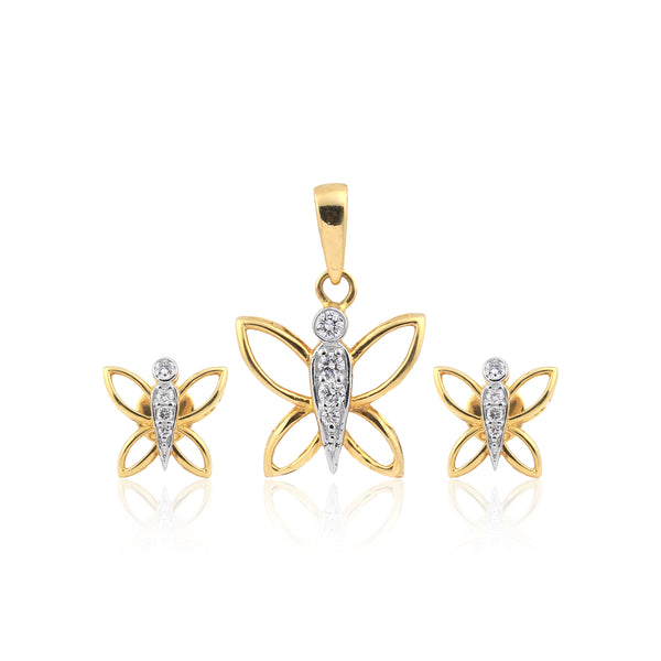 18KT Yellow Gold 0.26 Ct Butterfly Design  Natural Diamond Pendant And Earrings