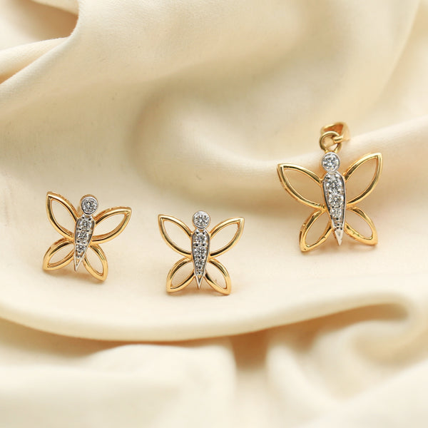 18KT Yellow Gold 0.26 Ct Butterfly Design  Natural Diamond Pendant And Earrings
