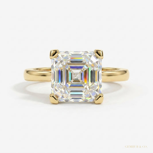 3.70 ct DEW Certified White Moissanite Asscher Cut Solitaire Ring 18K Gold Plated Verme 18K Gold Plated – white background main image