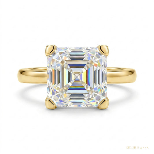 3.70 ct DEW Certified White Moissanite Asscher Cut Solitaire Rings 18K Gold Plated Verm 18K Gold Plated – white background main image