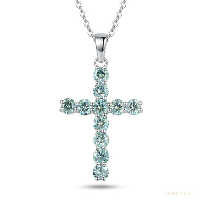 3.00 ct DEW Certified Round Cut Blue Moissanite Plus-Shape Vermeil 925 Silver Pendant