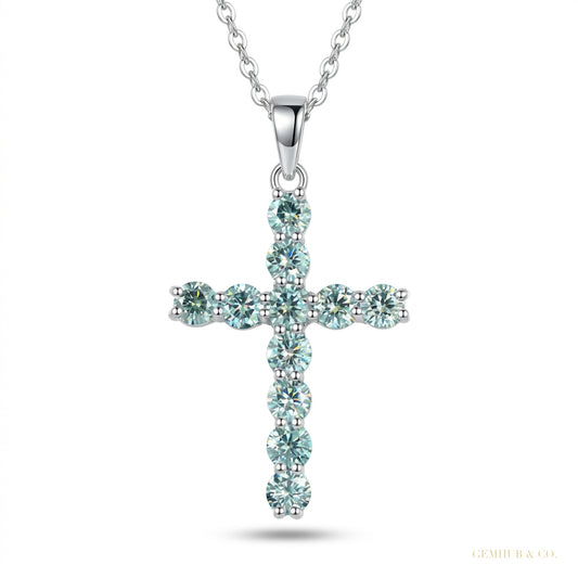 3.00 ct DEW Certified Round Cut Blue Moissanite Cross Vermeil 925 Silver Pendant – white background main image