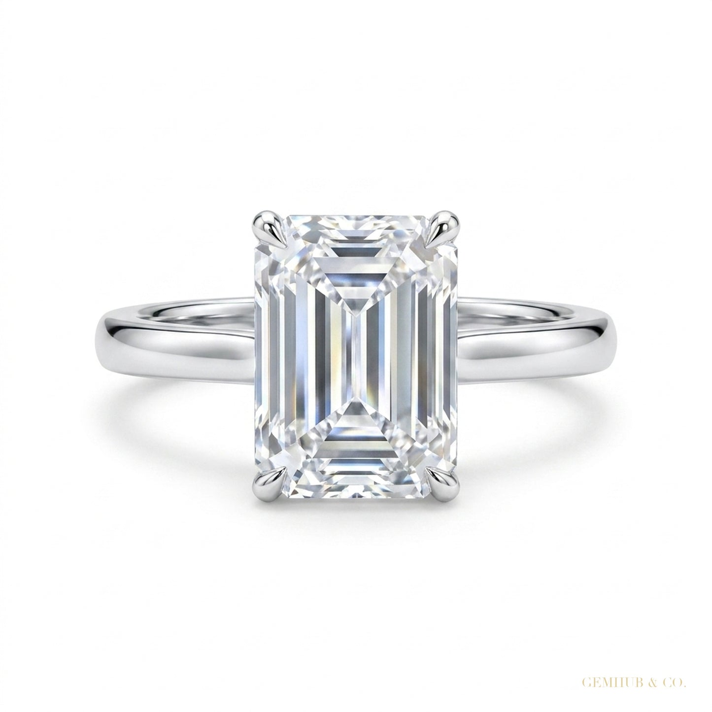 4.15 ct DEW Certified Emerald Cut Off White Moissanite Ring – Festival Gift 18K Gold Plated – white background main image