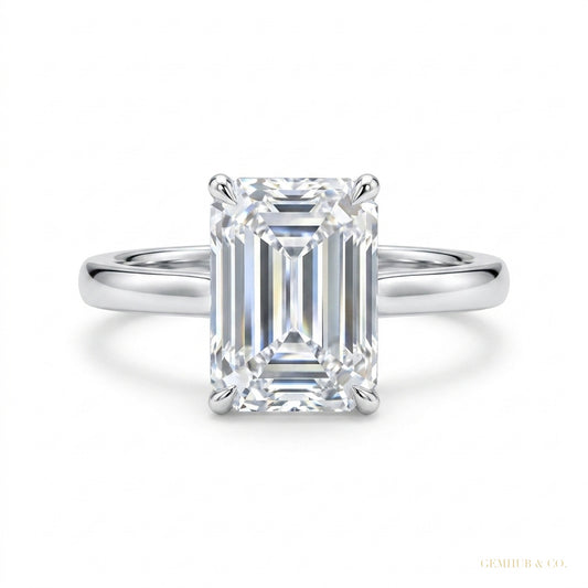 4.15 ct DEW Certified Emerald Cut Off White Moissanite Ring – Festival Gift 18K Gold Plated – white background main image