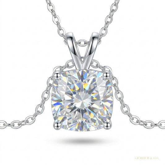 4.60 ct DEW Certified Cushion Cut White Moissanite Solitaire Pendant In Vermeil – white background main image