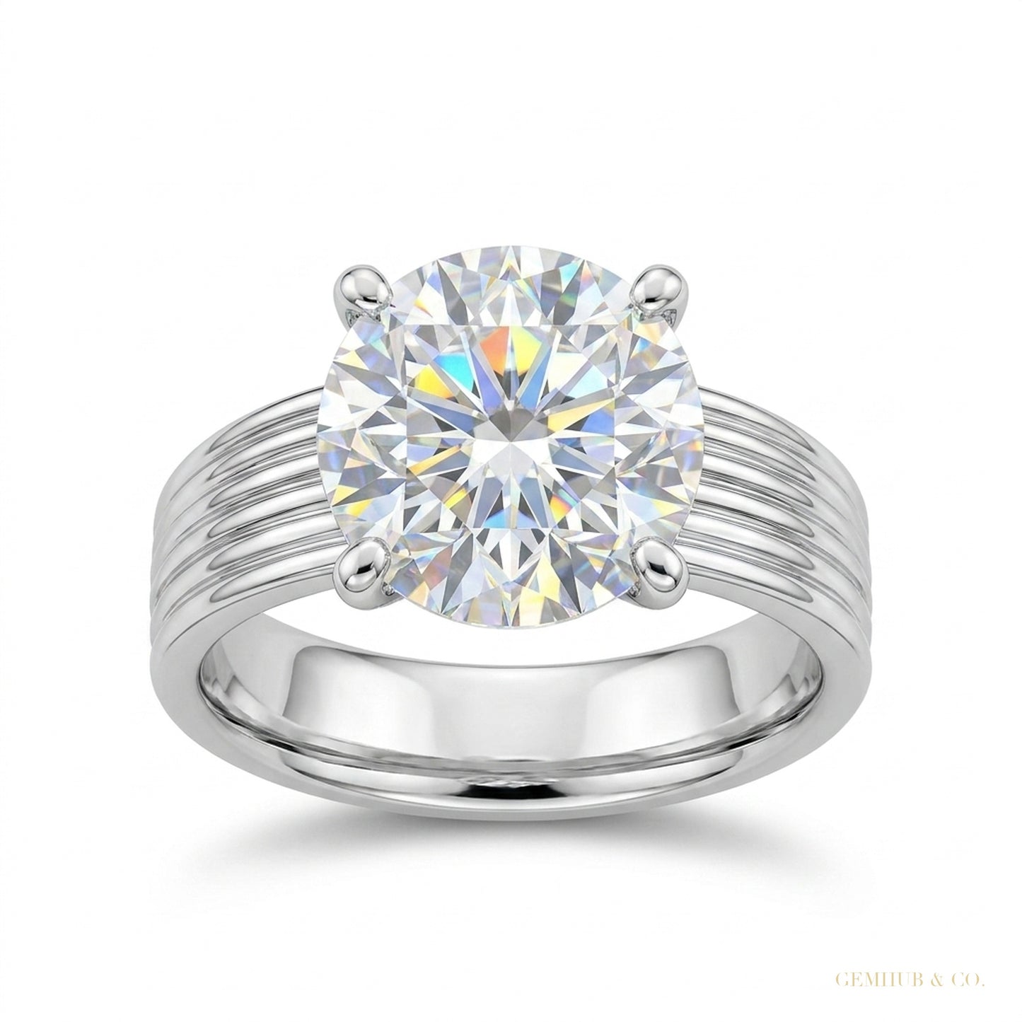 5.00 ct DEW White Round Cut Treated Moissanite Ring in Certified Beauty 18K Gold Plated – white background main image