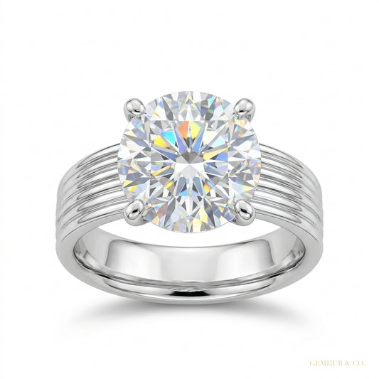 5.00 ct DEW White Round Cut Treated Moissanite Ring in Certified Beauty 18K Gold Plated – white background main image